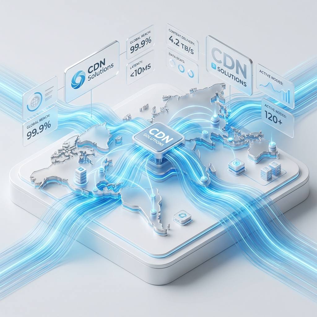 Illustration of video, web, software, commerce and gaming content connected to a central CDN edge cloud
